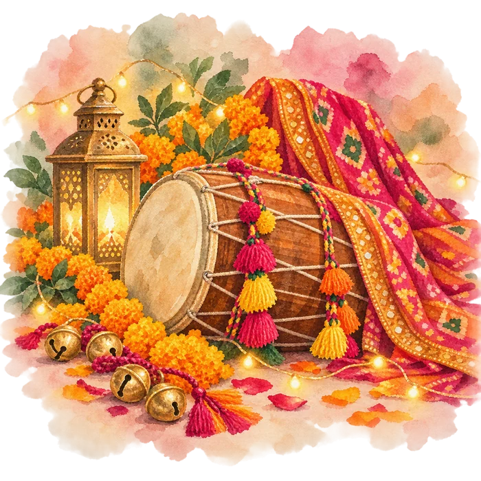 Watercolour of a dhol, a phulkari, lanterns and marigolds