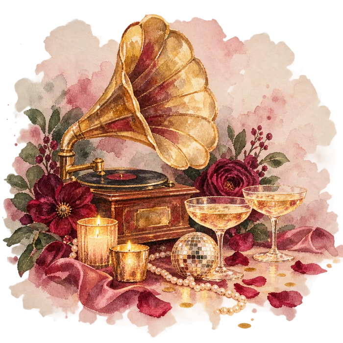 Watercolour of a gramophone, champagne coupes, roses and a disco ball